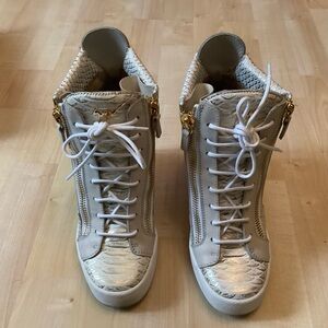 Giuseppe Zanotti White and Gold High-Top Sneakers